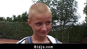 Sexy short haired student sucking grandpa dick