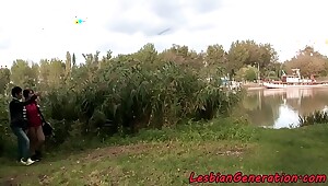 Hugetit babe scissoring pussies with granny